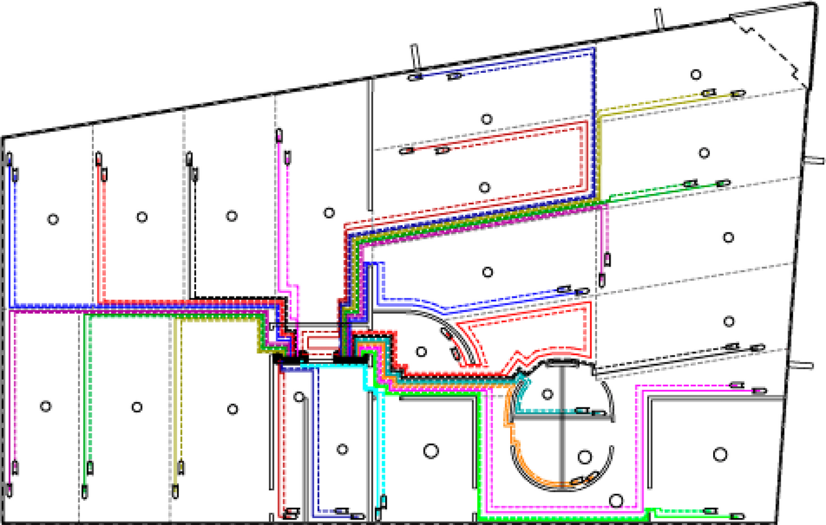 Beispiel für ein Verlegeschema der Fußboden-Heizungs-Rohre in einem Gewerbegebäud